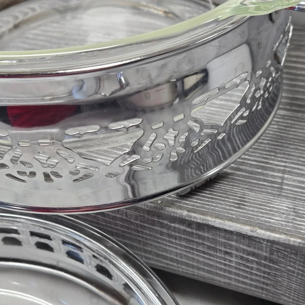Vintage‎ Fire-King and Pyrex Casserole Set with Silver Plated Filigree Carriers
